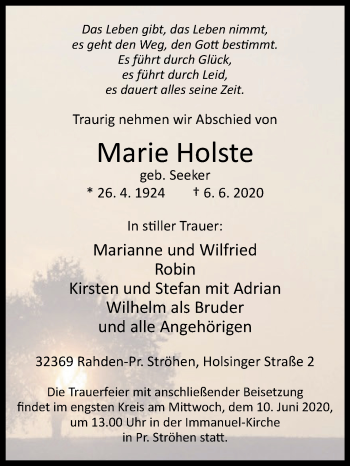 Traueranzeige von Marie Holste von Westfalen-Blatt