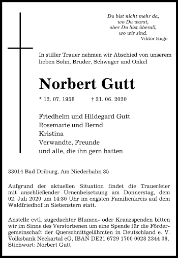 Traueranzeige von Norbert Gutt von Westfalen-Blatt