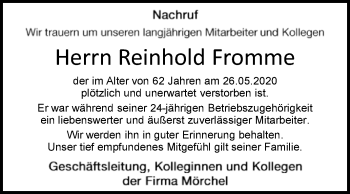 Traueranzeige von Reinhold Fromme von Westfalen-Blatt