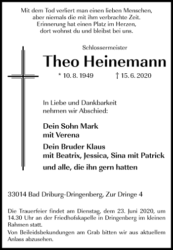 Traueranzeige von Theo Heinemann von Westfalen-Blatt