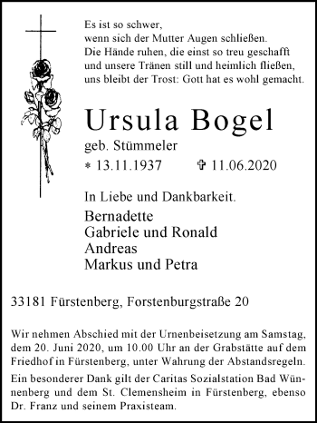 Traueranzeige von Ursula Bogel von Westfalen-Blatt