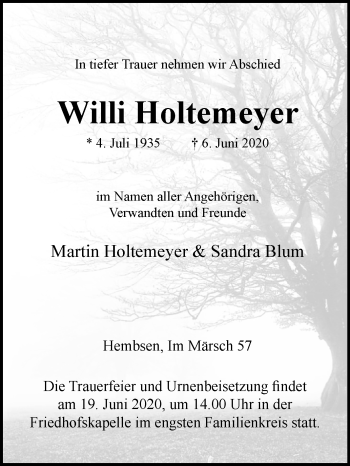 Traueranzeige von Willi Holtemeyer von Westfalen-Blatt