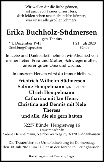 Traueranzeige von Erika Buchholz-Südmersen von Westfalen-Blatt