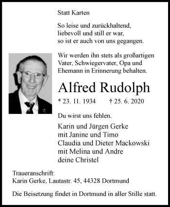 Traueranzeige von Alfred Rudolph von Westfalen-Blatt