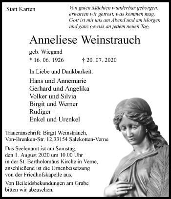 Traueranzeige von Anneliese Weinstrauch von Westfalen-Blatt