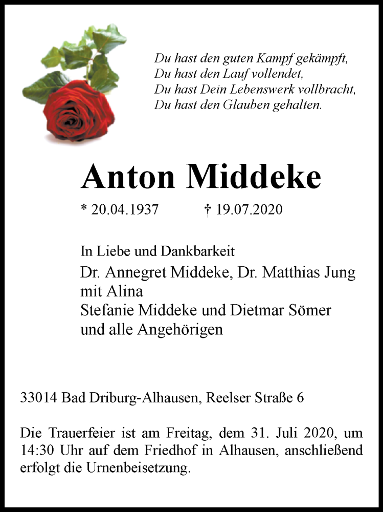  Traueranzeige für Anton Middeke vom 22.07.2020 aus Westfalen-Blatt