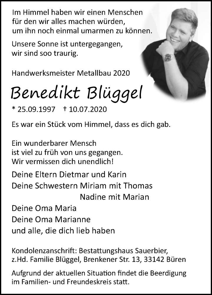  Traueranzeige für Benedikt Blüggel vom 15.07.2020 aus Westfalen-Blatt