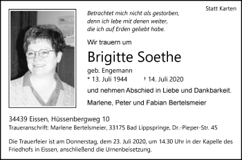 Traueranzeige von Brigitte Soethe von Westfalen-Blatt