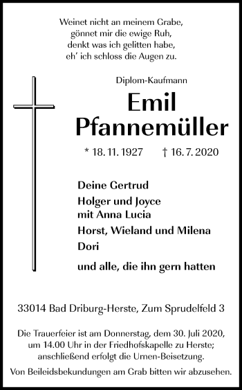 Traueranzeige von Emil Pfannemüller von Westfalen-Blatt