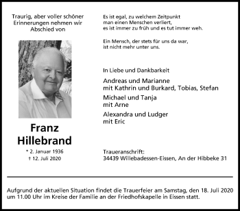 Traueranzeige von Franz Hillebrand von Westfalen-Blatt