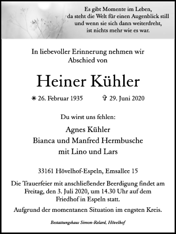 Traueranzeige von Heiner Kühler von Westfalen-Blatt