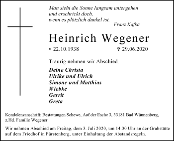 Traueranzeige von Heinrich Wegener von Westfalen-Blatt