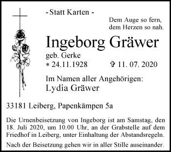 Traueranzeige von Ingeborg Gräwer von Westfalen-Blatt