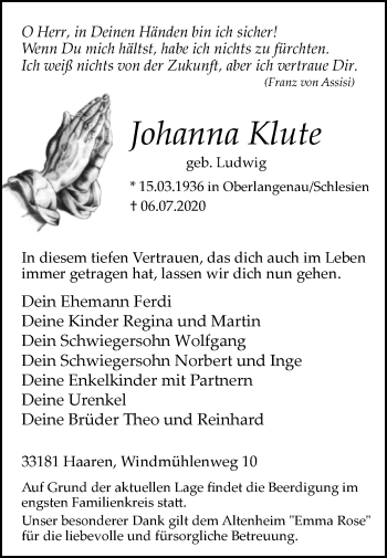 Traueranzeige von Johanna Klute von Westfalen-Blatt