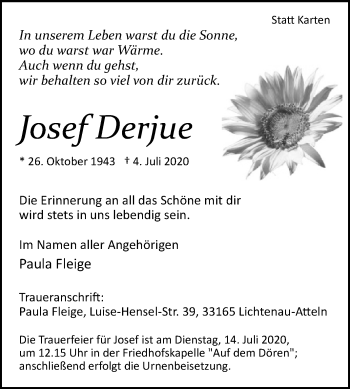 Traueranzeige von Josef Derjue von Westfalen-Blatt