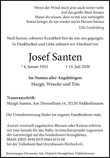 Traueranzeige von Josef Santen von Westfalen-Blatt