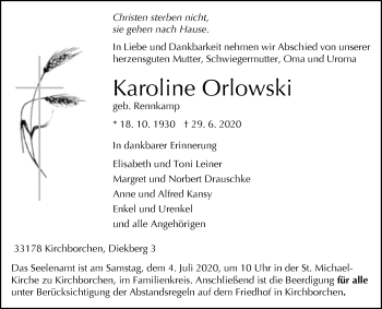 Traueranzeige von Karoline Orlowski von Westfalen-Blatt