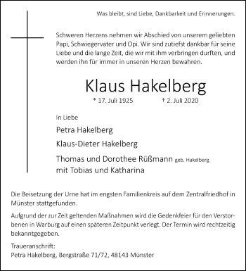 Traueranzeige von Klaus Hakelberg von Westfalen-Blatt