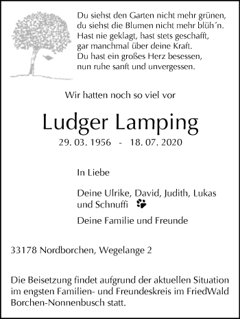 Traueranzeige von Ludger Lamping von Westfalen-Blatt