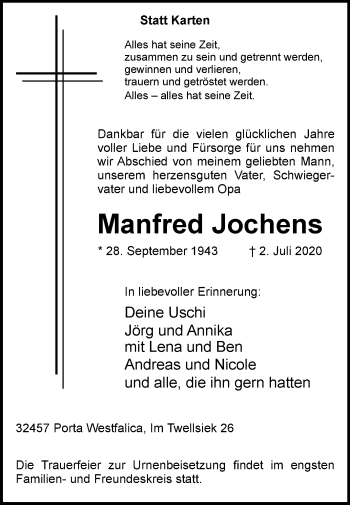 Traueranzeige von Manfred Jochens von Westfalen-Blatt