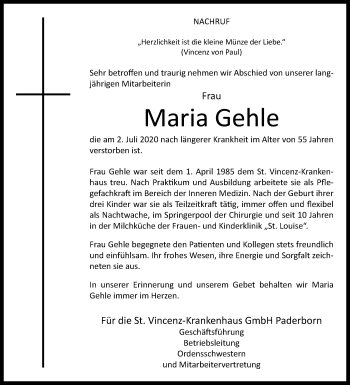 Traueranzeige von Maria Gehle von Westfalen-Blatt