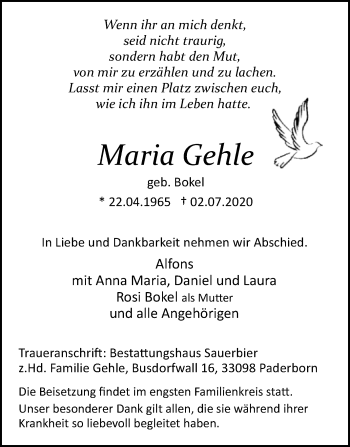 Traueranzeige von Maria Gehle von Westfalen-Blatt