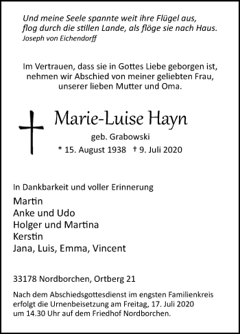 Traueranzeige von Marie-Luise Hayn von Westfalen-Blatt