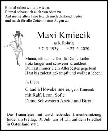 Traueranzeige von Maxi Kmiecik von Westfalen-Blatt