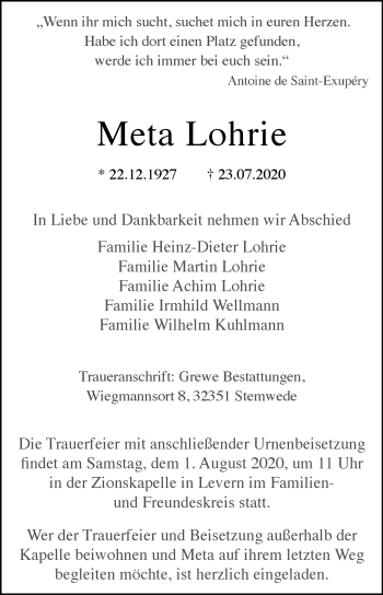 Traueranzeige von Meta Lohrie von Westfalen-Blatt