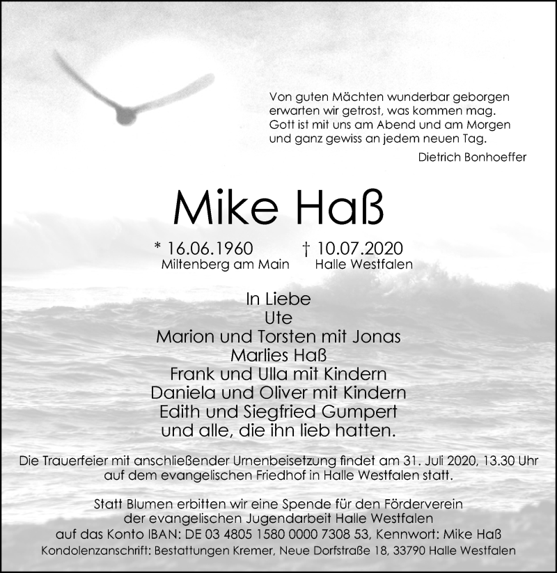  Traueranzeige für Mike Haß vom 14.07.2020 aus Westfalen-Blatt