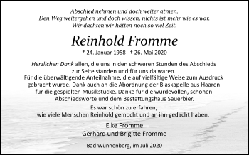 Traueranzeige von Reinhold Fromme von Westfalen-Blatt