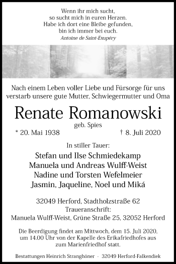 Traueranzeige von Renate Romanowski von Westfalen-Blatt