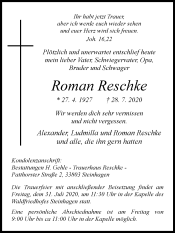 Traueranzeige von Roman Reschke von Westfalen-Blatt