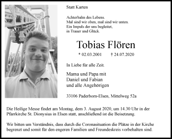 Traueranzeige von Tobias Flören von Westfalen-Blatt