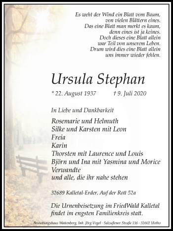 Traueranzeige von Ursula Stephan von Westfalen-Blatt