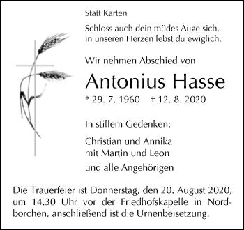 Traueranzeige von Antonius Hasse von Westfalen-Blatt