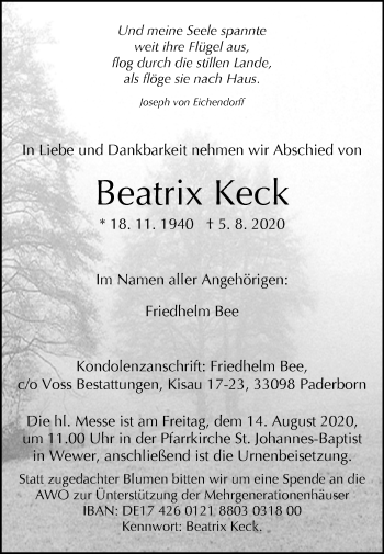 Traueranzeige von Beatrix Keck von Westfalen-Blatt