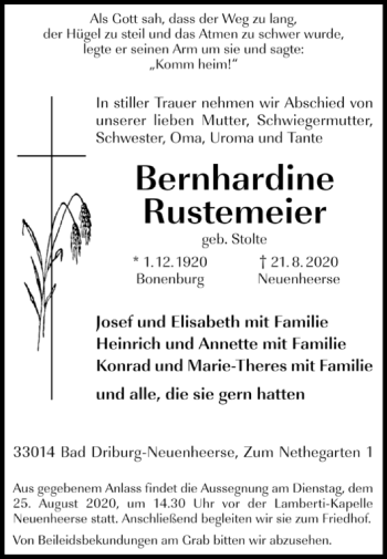 Traueranzeige von Bernhardine Rustemeier von Westfalen-Blatt