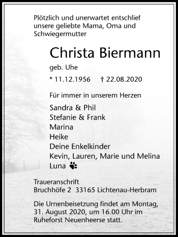 Traueranzeige von Christa Biermann von Westfalen-Blatt