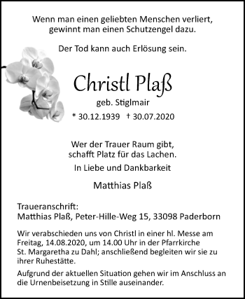 Traueranzeige von Christl Plaß von Westfalen-Blatt