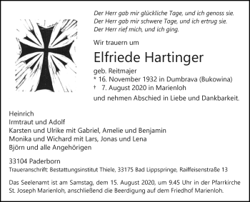 Traueranzeige von Elfriede Hartinger von Westfalen-Blatt