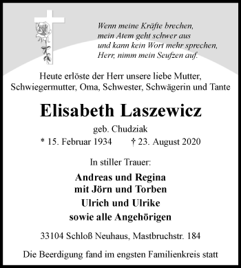 Traueranzeige von Elisabeth Laszewicz von Westfalen-Blatt