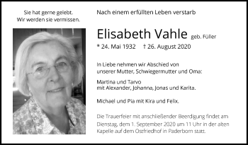 Traueranzeige von Elisabeth Vahle