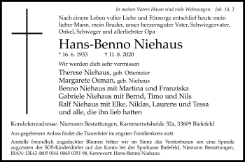 Traueranzeige von Hans-Benno Niehaus von Westfalen-Blatt