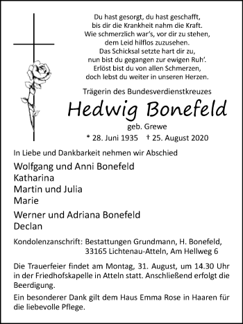 Traueranzeige von Hedwig Bonefeld von Westfalen-Blatt