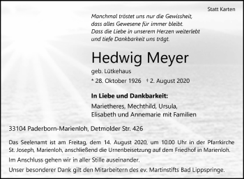 Traueranzeige von Hedwig Meyer von Westfalen-Blatt