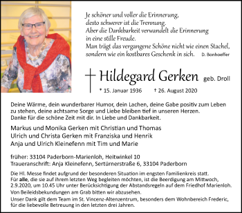 Traueranzeige von Hildegard Gerken von Westfalen-Blatt