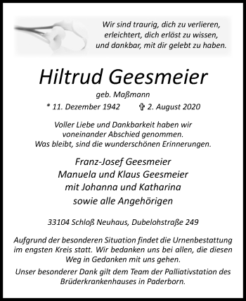 Traueranzeige von Hiltrud Geesmeier von Westfalen-Blatt