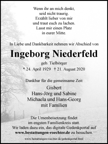 Traueranzeige von Ingeborg Niederfeld von Westfalen-Blatt