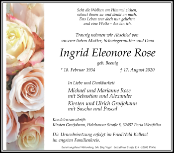 Traueranzeige von Ingrid Eleonore Rose von Westfalen-Blatt